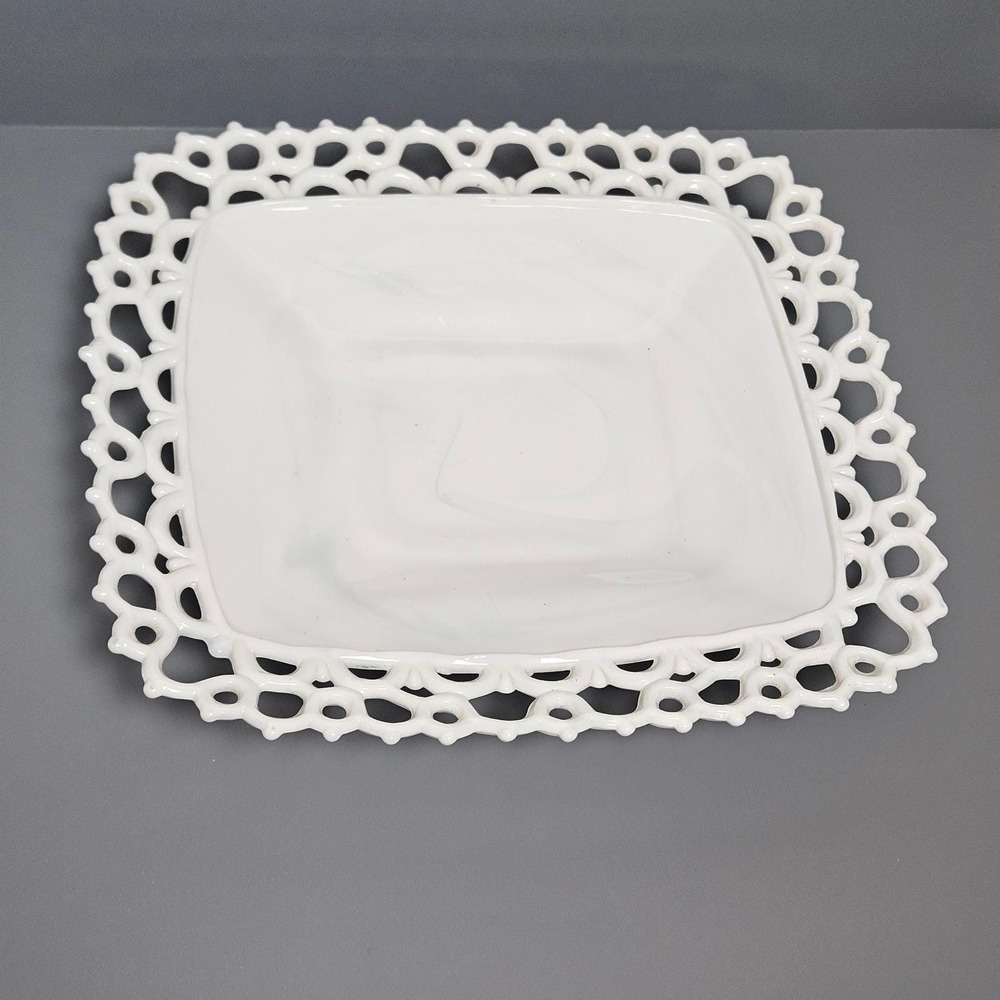 Antique Atterbury White Milk Glass‎ Square Rectangular Bowl Doric Lace Edge Dish
